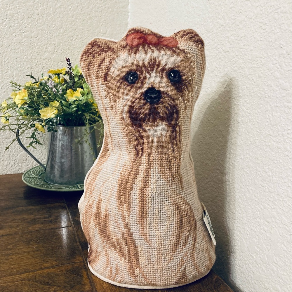Vintage Yorkshire Terrier with Ribbon Needlepoint dog shaped accent pillow - Picture 4 of 14